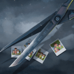 Tekoälyllä luotu kuva, jossa isot harmaat sakset ovat pienten värikkäiden perheitä esittävien polaroid-kuvien päällä.