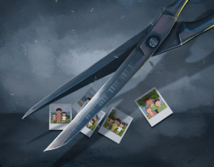 Tekoälyllä luotu kuva, jossa isot harmaat sakset ovat pienten värikkäiden perheitä esittävien polaroid-kuvien päällä.